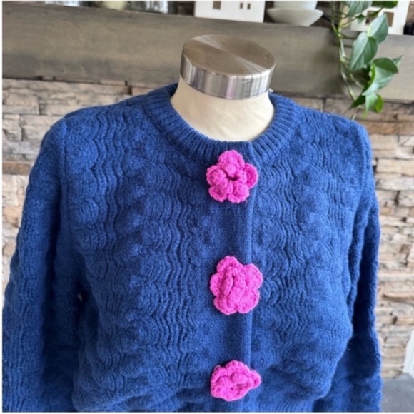 Elegant Blue Cardigan with Pink Floral Details - Picture 7 of 16